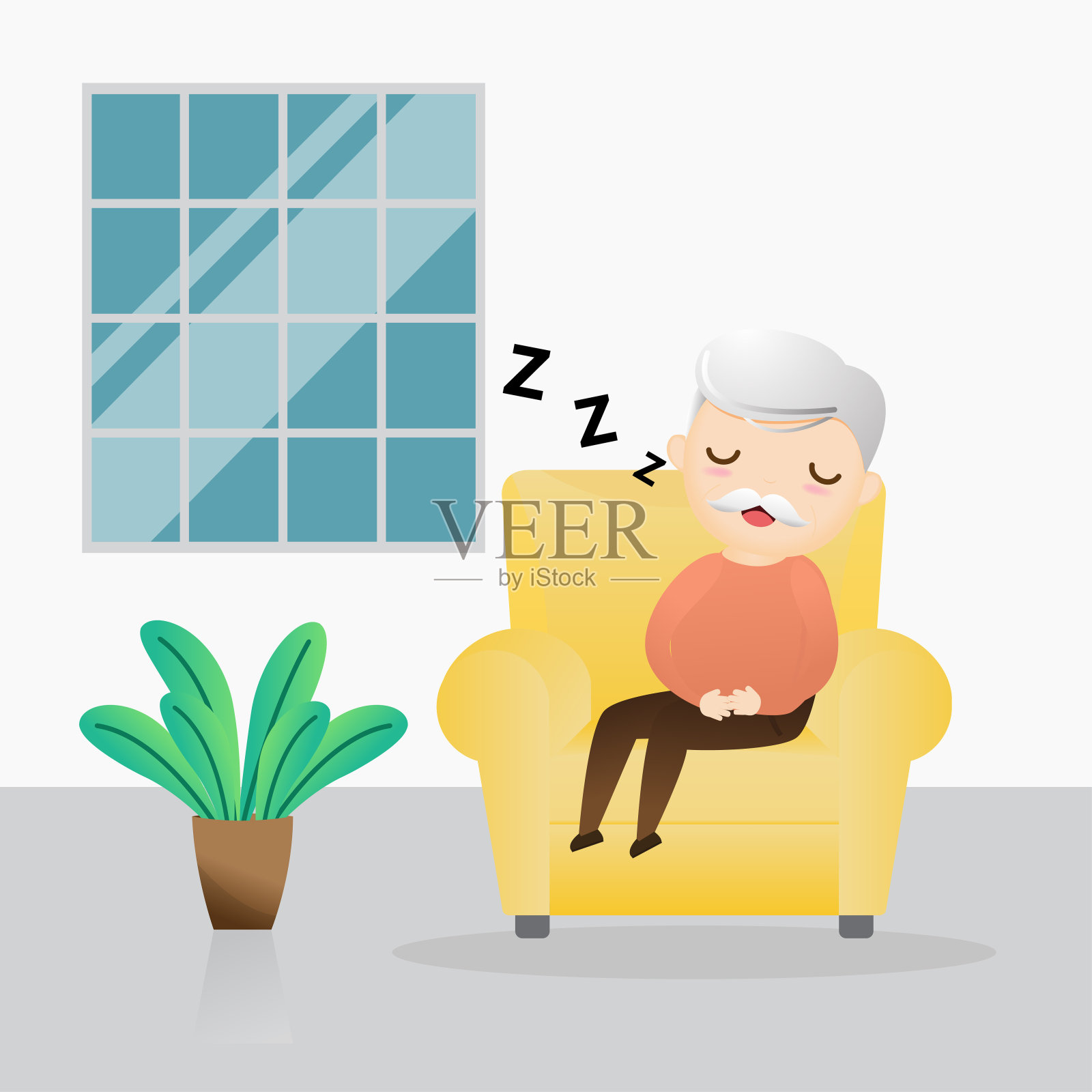 在扶手椅上睡觉的老人。可爱的奶奶睡在沙发上。向量,插图。插画图片素材