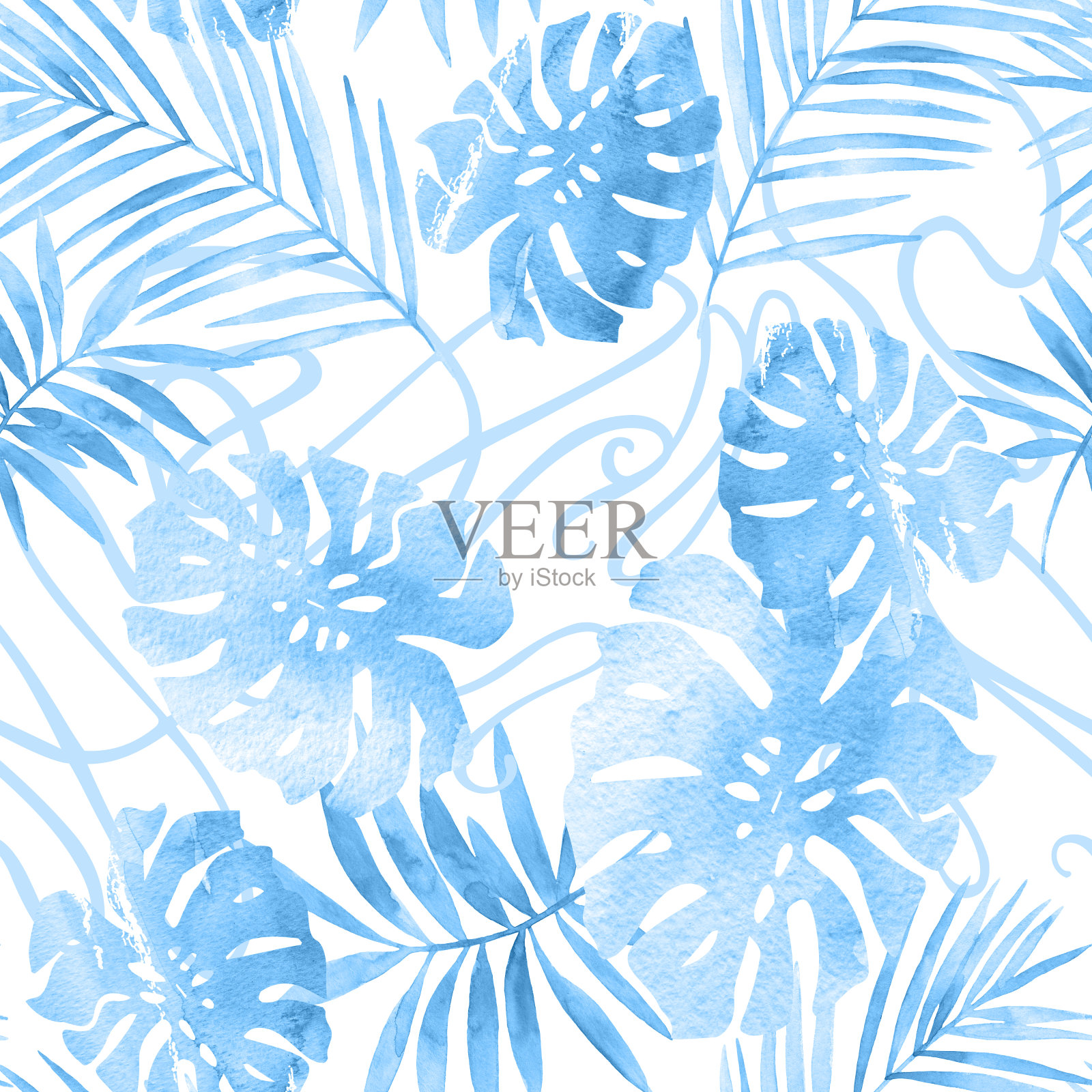 植物水彩插图:热带叶的剪影在花窗的背景。插画图片素材