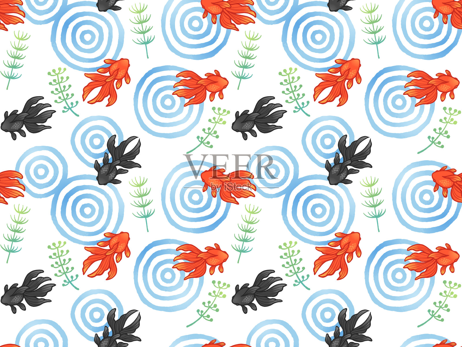 金鱼、水生植物、波纹无缝图案背景插画图片素材