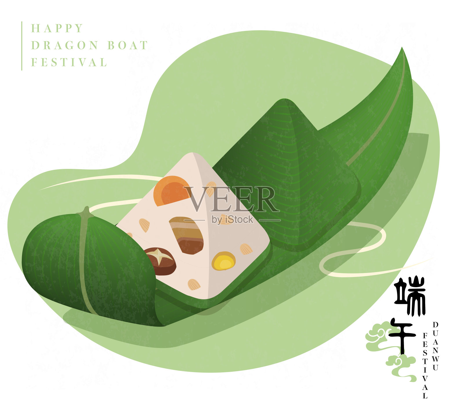 端午节传统食物粽子和竹叶快乐。中文翻译:端午插画图片素材