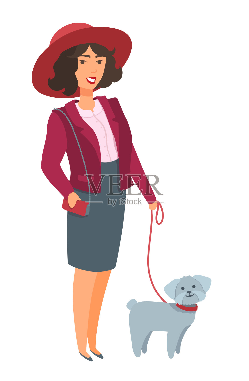 身着红色夹克，手拿手包，牵着一条小狗的优雅女士。那个女孩戴着宽边帽，穿着裙子和衬衫。插画图片素材