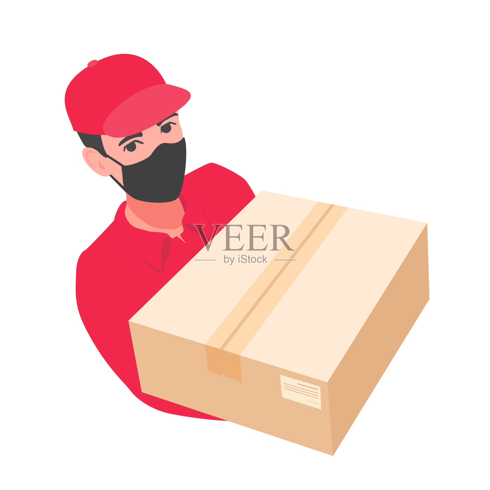 拿着盒子的送货员。穿着红色马球t恤的年轻人，戴着棒球帽，戴着面具。疾病预防。插画图片素材