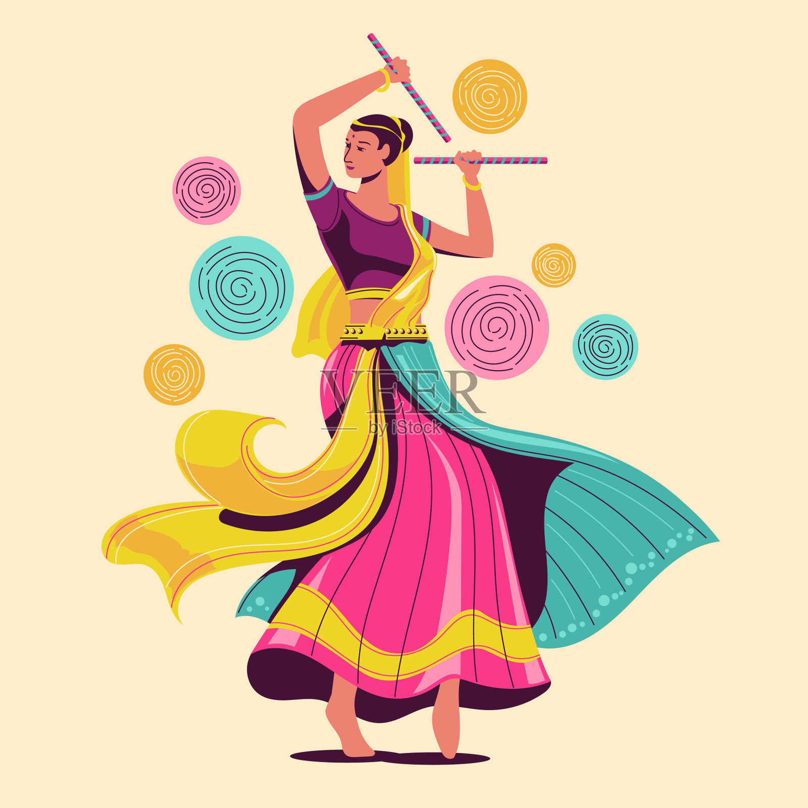 在Navratri的Dussehra Dandiya之夜女子演奏garba舞蹈的矢量设计插画图片素材