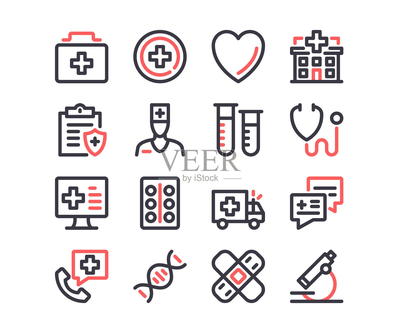 医疗线图标设置。医疗保健、医药保健、医疗保健理念。现代符号轮廓。简单细描设计线性图形元素。红色和黑色。像素完美。矢量线的图标图标素材
