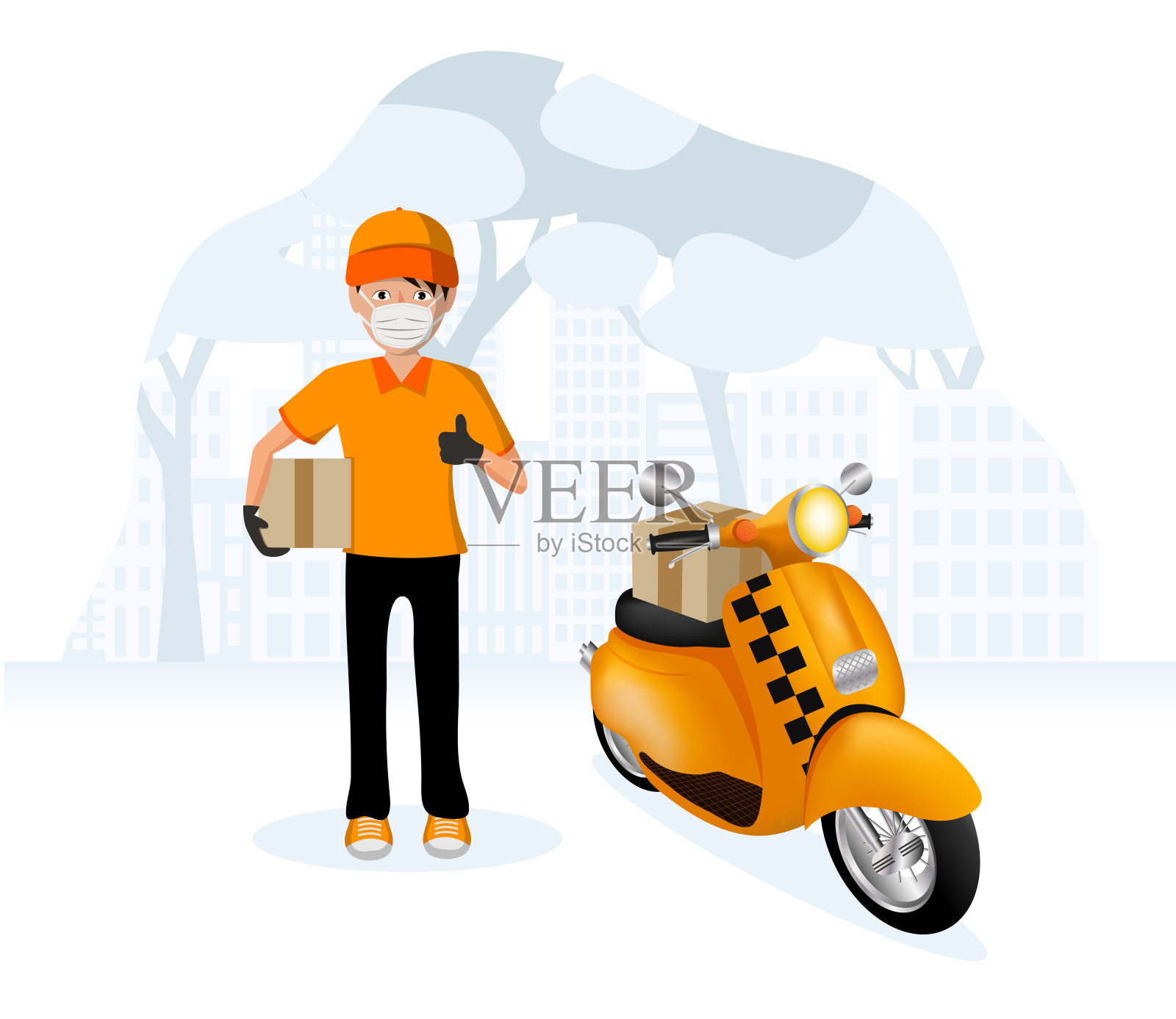 一名戴着防毒面具的男子用摩托车运送包裹插画图片素材