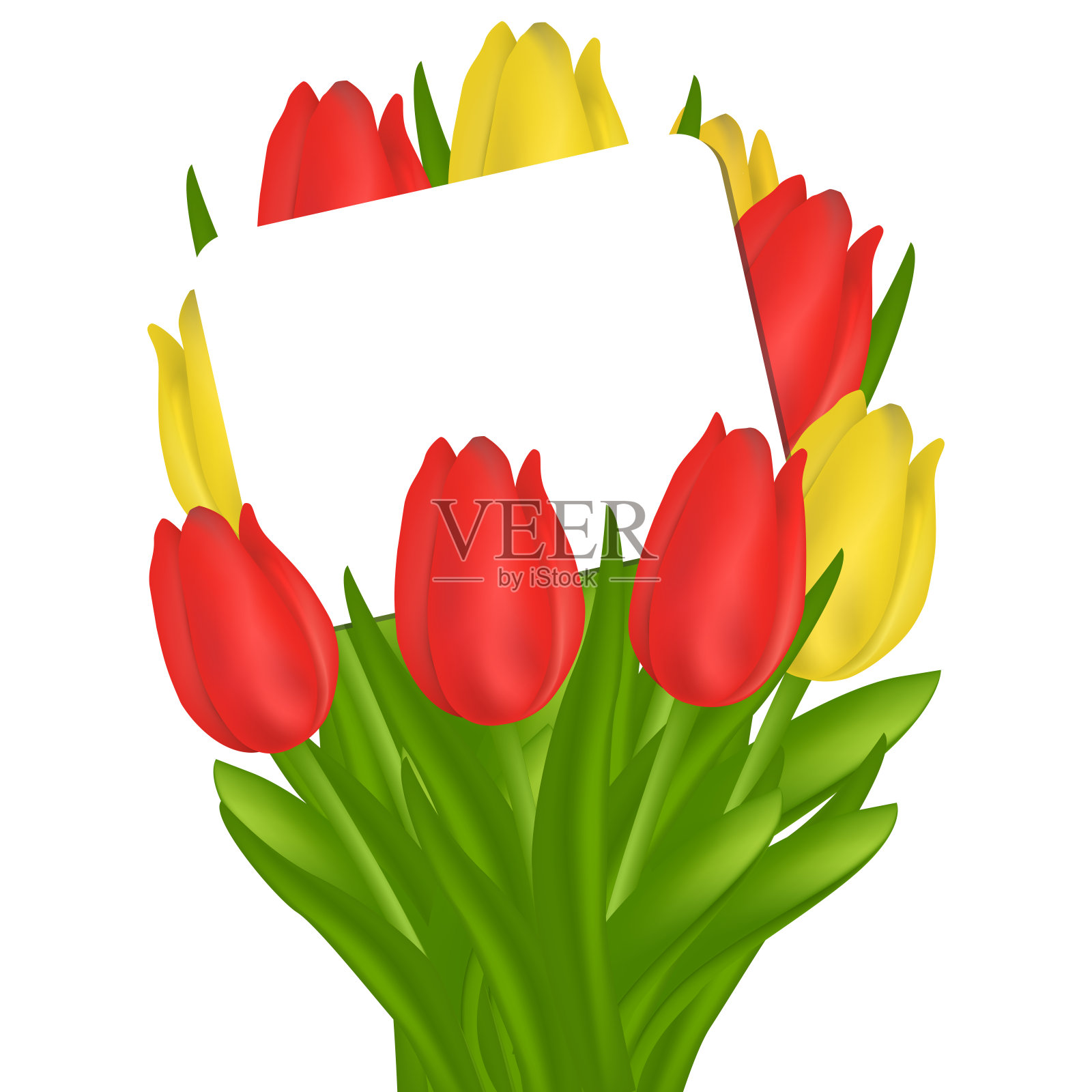 横幅插图节日特别优惠购物促销母亲节。一束红色和黄色的郁金香和一个文本框。向量设计元素图片