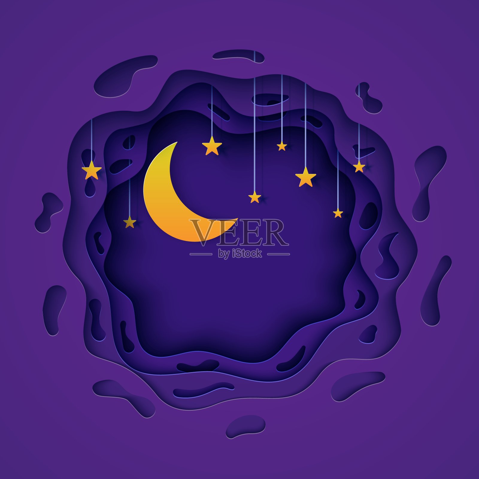 紫色的圆夜空剪纸风格。3d背景与紫色云雾景观与星星上的绳子和月亮剪纸艺术。折纸午夜。向量卡为祝愿晚安甜甜的梦。插画图片素材