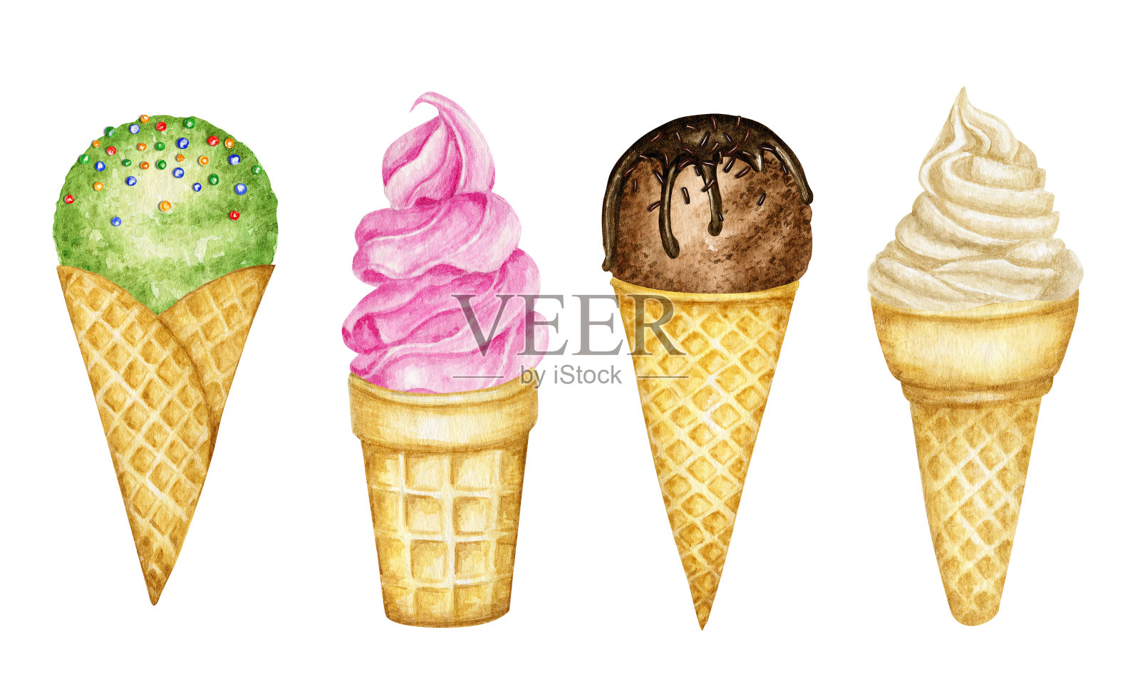 各种巧克力装饰的冰淇淋球在华夫蛋筒。水彩插图孤立的各种球香草，巧克力，粉色草莓，覆盆子，绿色开心果冰淇淋华夫饼设计元素图片