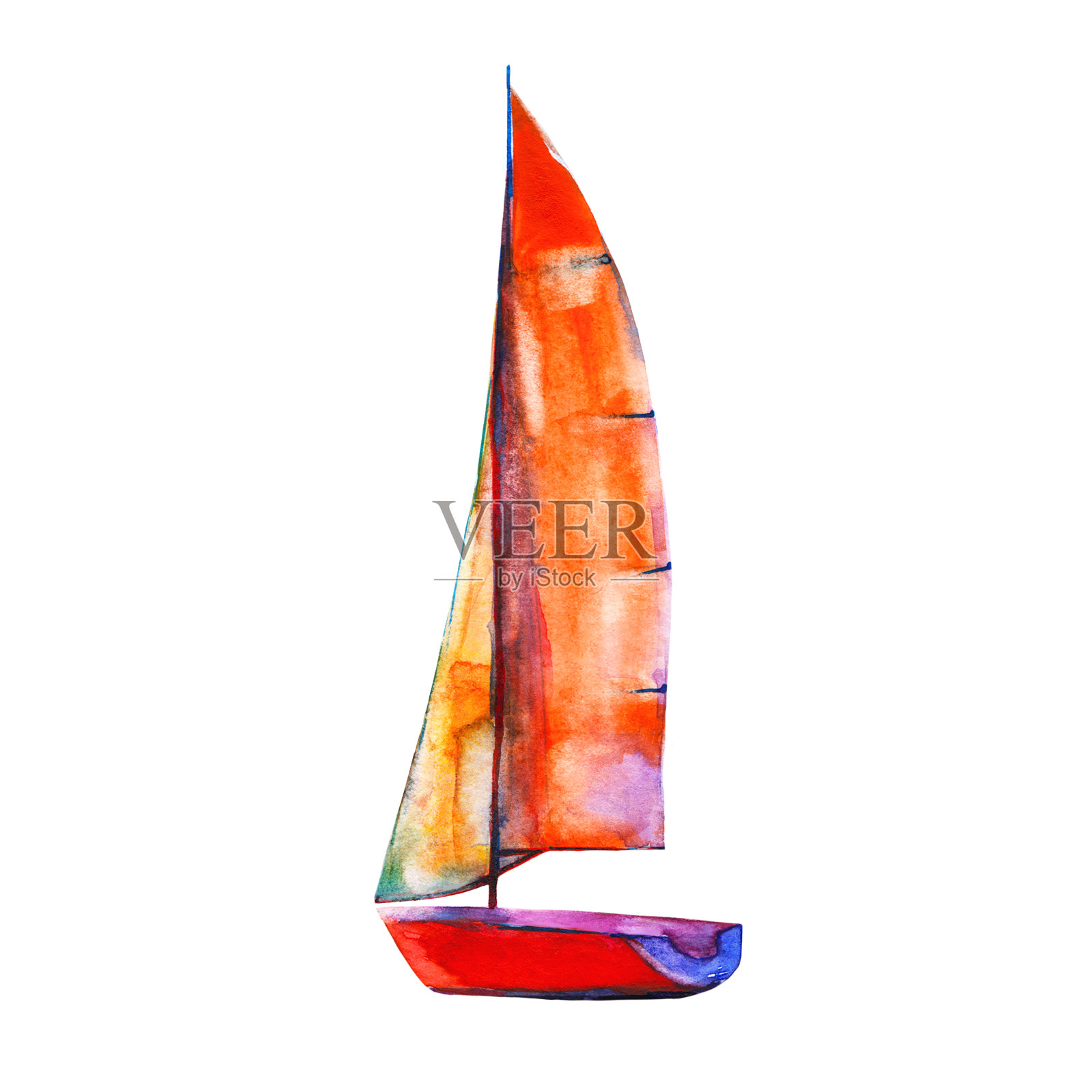 帆船明亮的水彩插图在手绘松散风格。在白色背景上分离物体。插画图片素材
