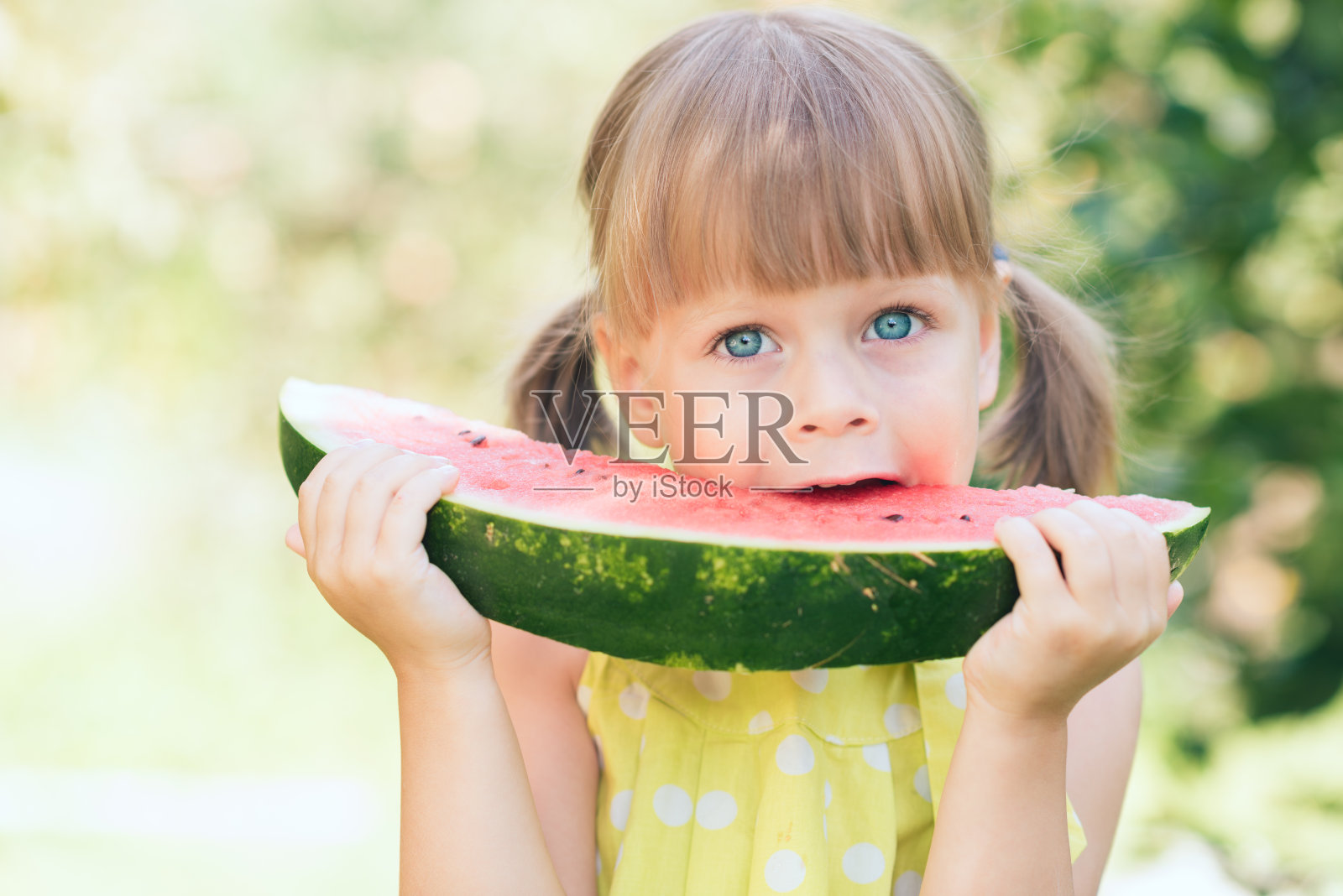 小女孩在阳光明媚的夏日花园里吃着多汁的西瓜照片摄影图片