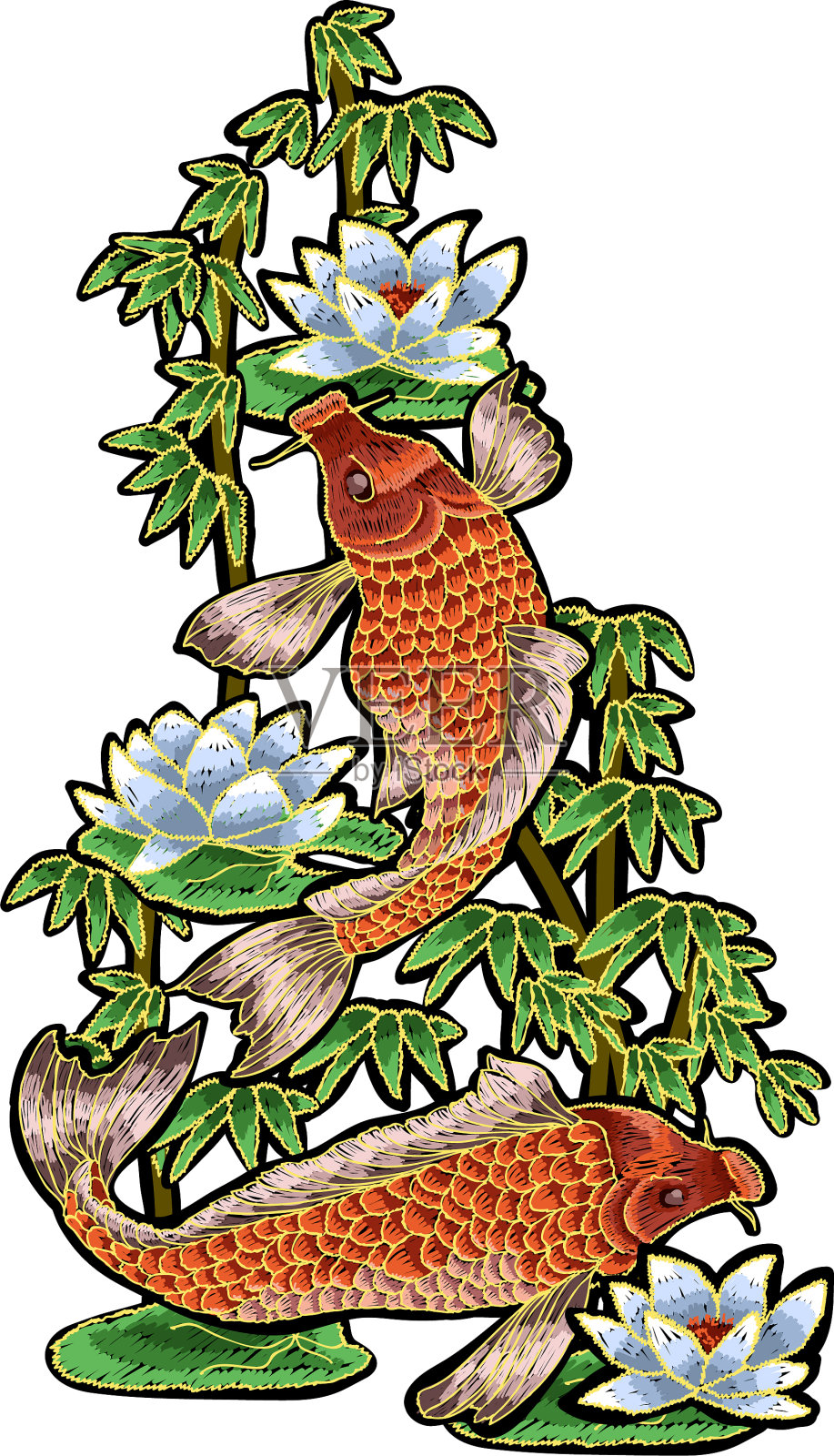 日本鲤鱼和花刺绣设计元素图片