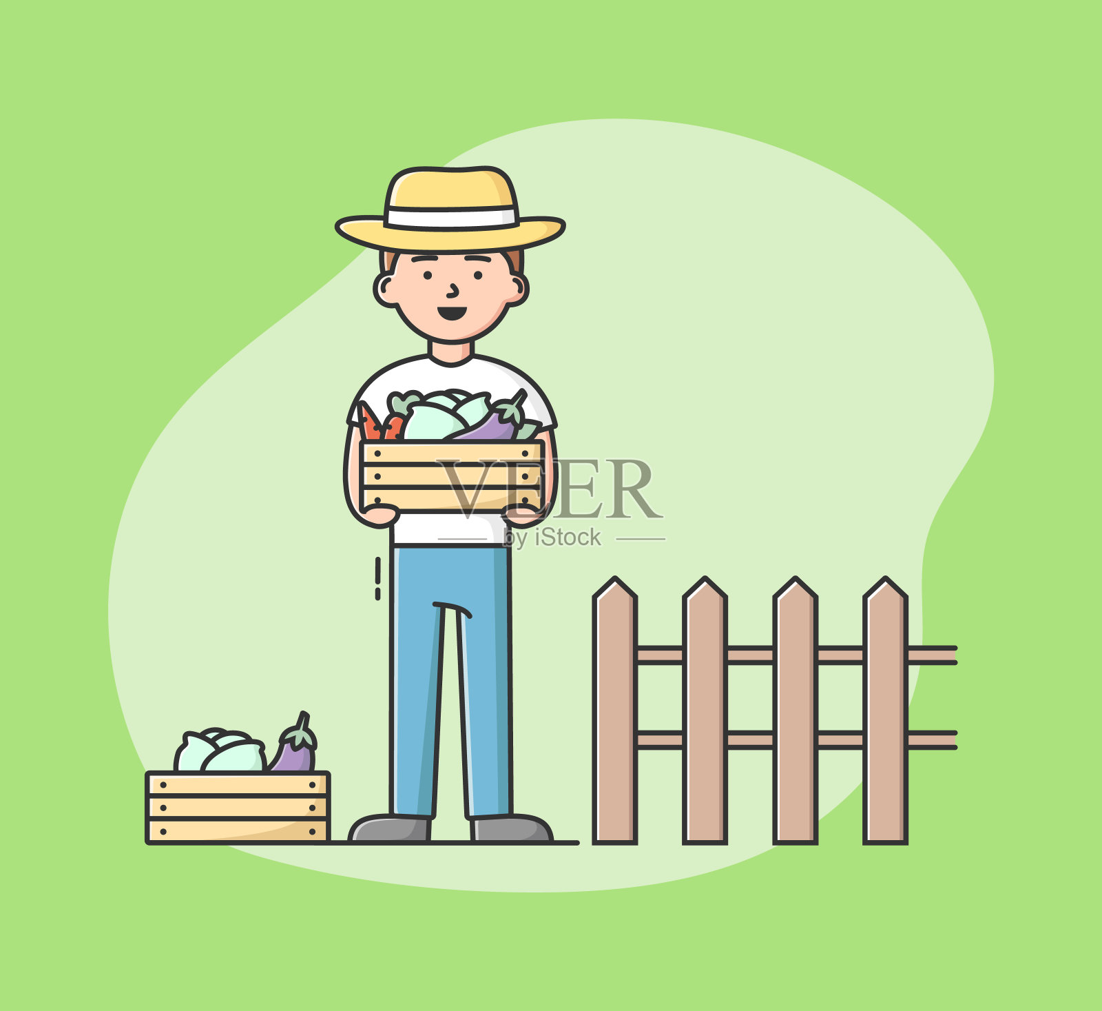 收获和生态农场的概念。一个快乐的微笑的男人站在农场上，有一个装着蔬菜的木箱。男孩在农场收获有机食品。卡通线性轮廓平面矢量插图插画图片素材
