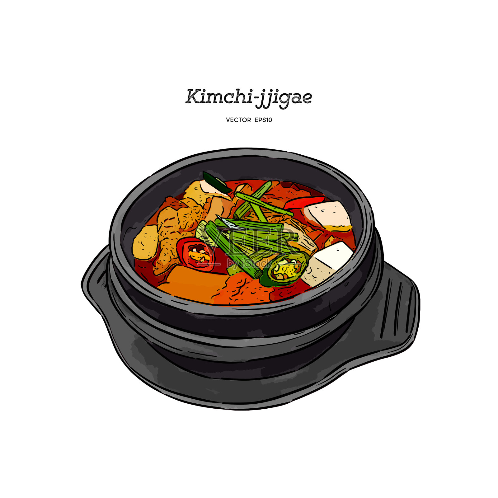 黏土锅里的韩国传统泡菜汤插画图片素材