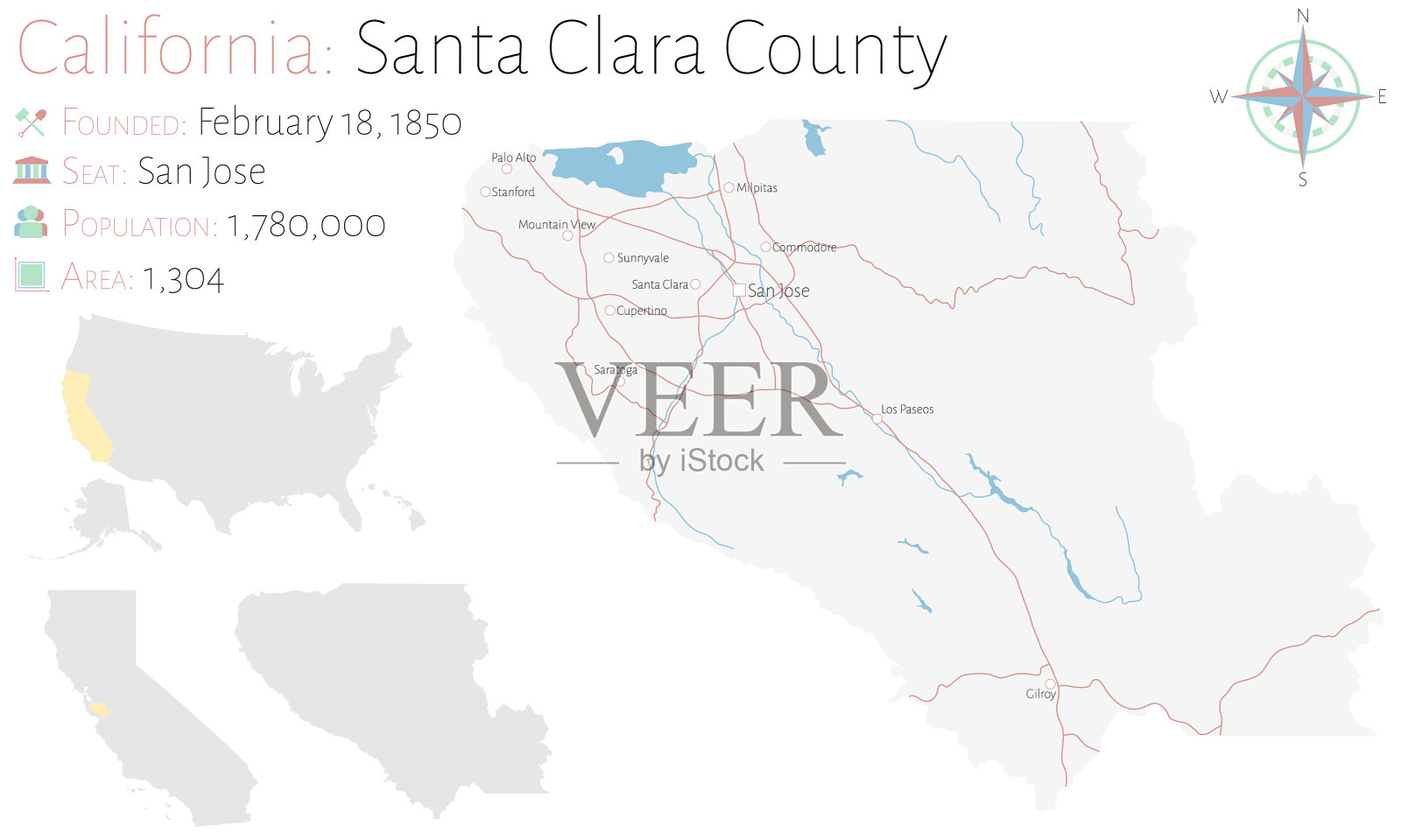 加州圣克拉拉县的地图插画图片素材