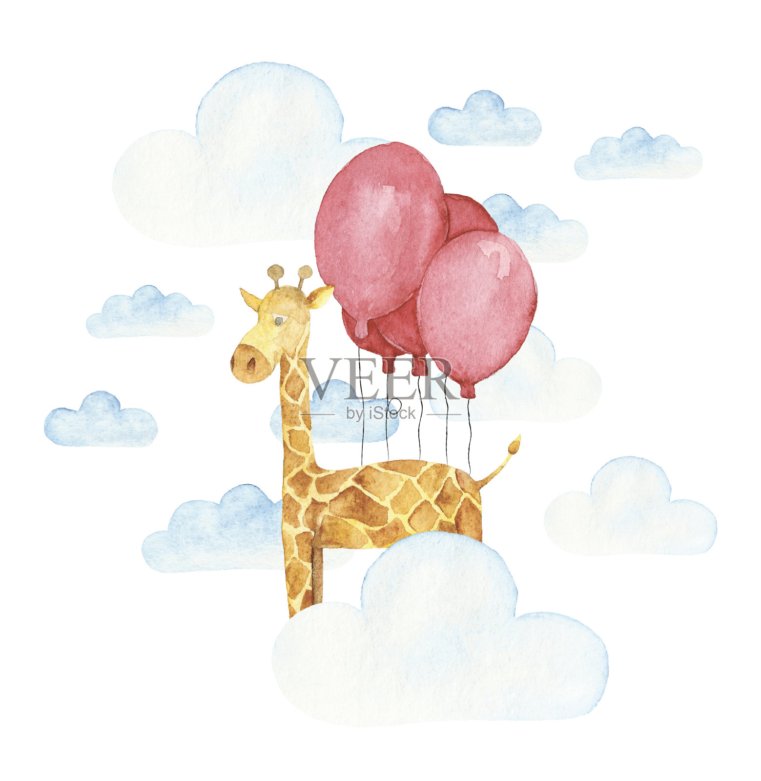可爱的水彩长颈鹿和气球。儿童插图为生日或婴儿送礼会邀请插画图片素材
