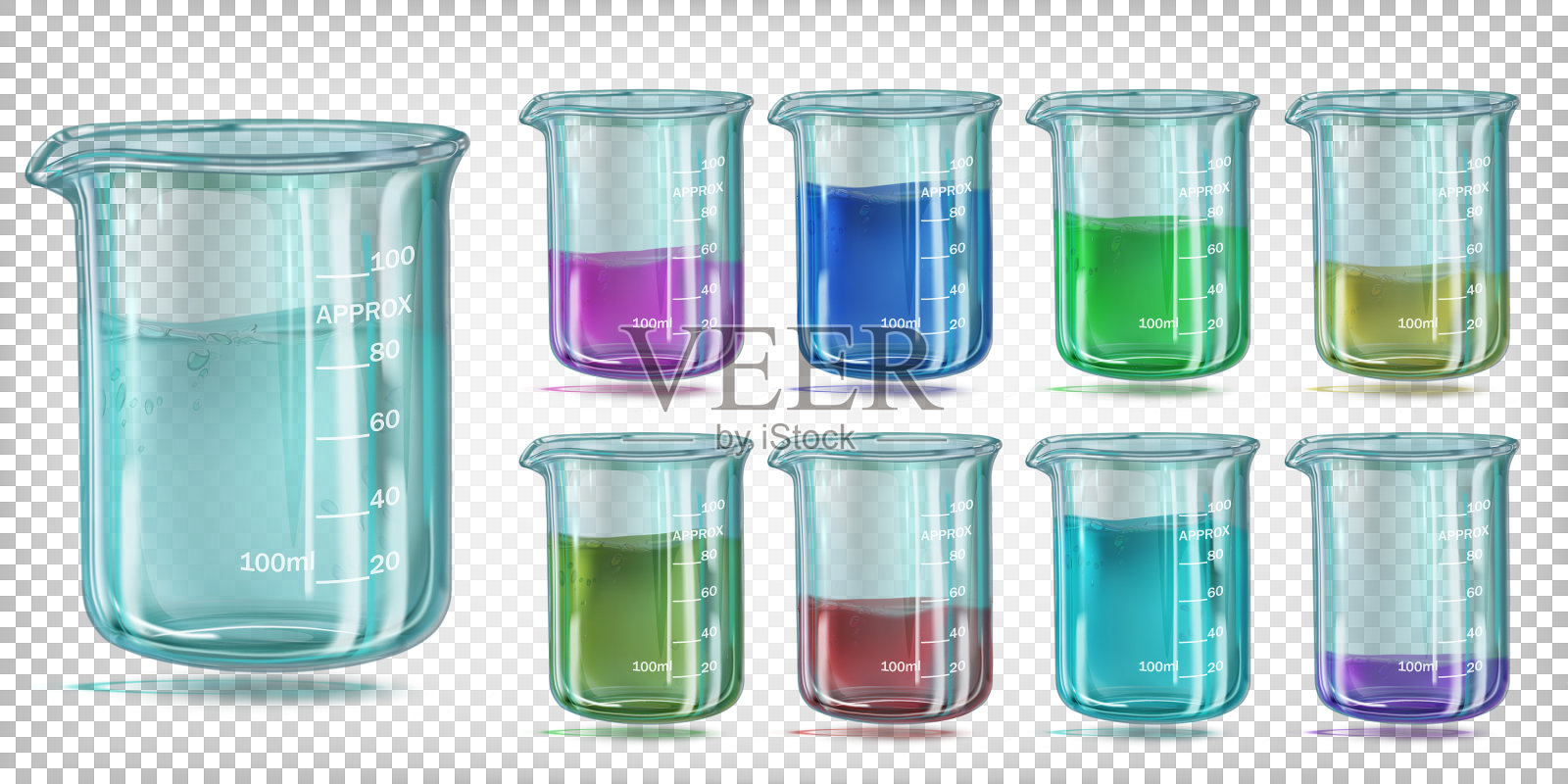 在玻璃化学烧杯中放置有色液体插画图片素材