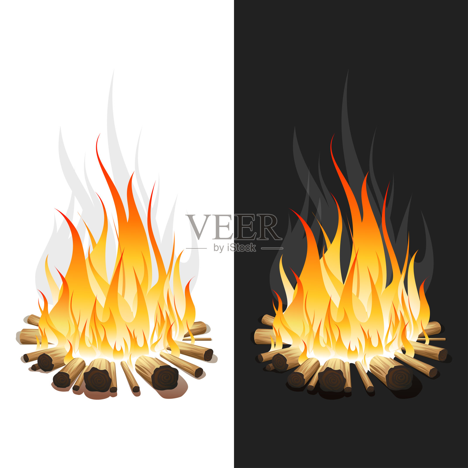 燃烧的篝火与木材在白色和黑色的背景插图设计元素图片