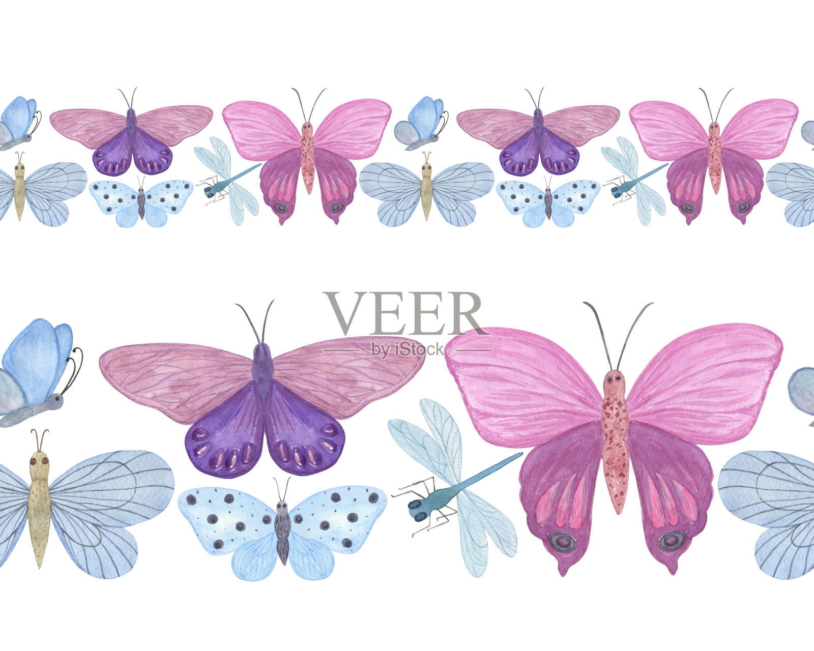 五颜六色的紫紫蓝蝴蝶和蜻蜓重复图案横边，无缝简单手绘装饰，夏季自然纺织品纪念品，剪贴簿，丝带插画图片素材