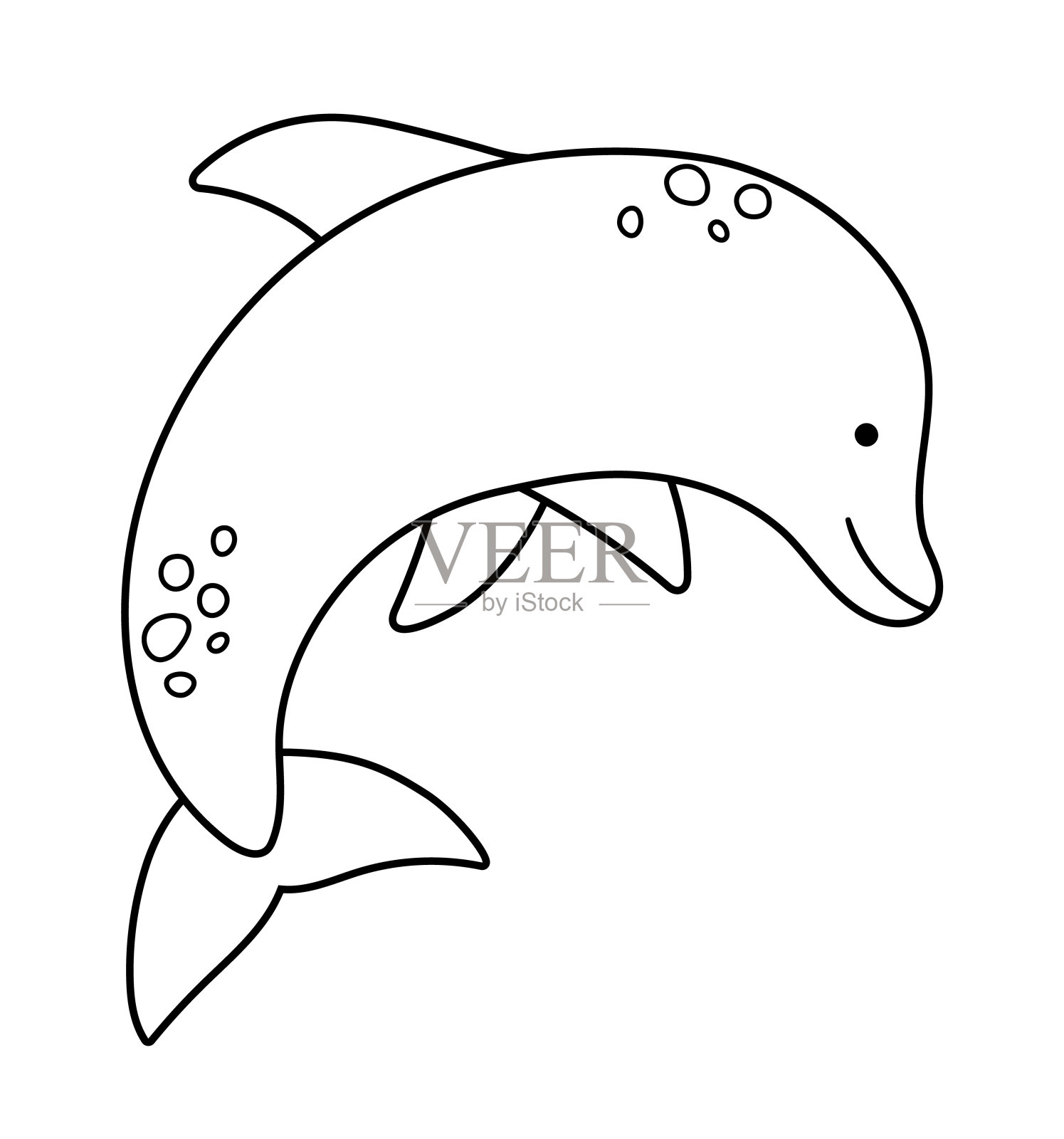 矢量黑白跳跃海豚孤立在白色背景。可爱的海洋动物插图。夏季涂色页的孩子。可爱的比目鱼图片的孩子。度假海滩图标。设计元素图片