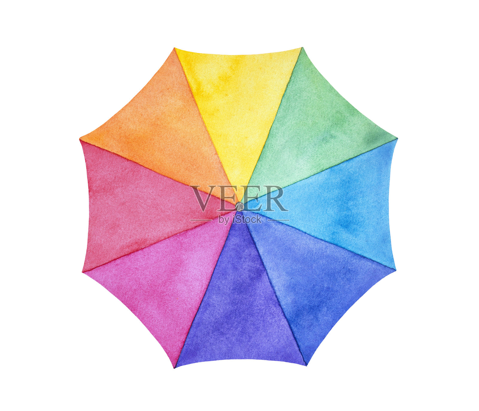 水彩插图亮打开彩虹伞。一个物体，圆形，俯视图。手绘水彩图形上的白色，剪纸剪辑艺术元素的创意设计。插画图片素材