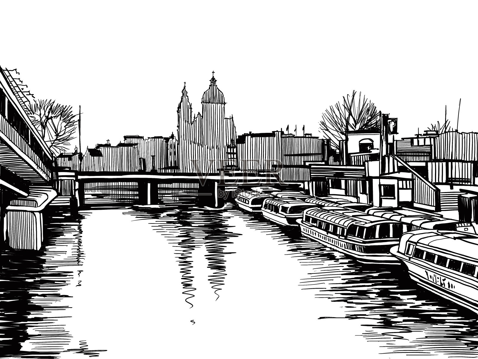 日出时的圣尼古拉斯大教堂。荷兰阿姆斯特丹。欧洲城市的城市草图集。黑白插图。插画图片素材