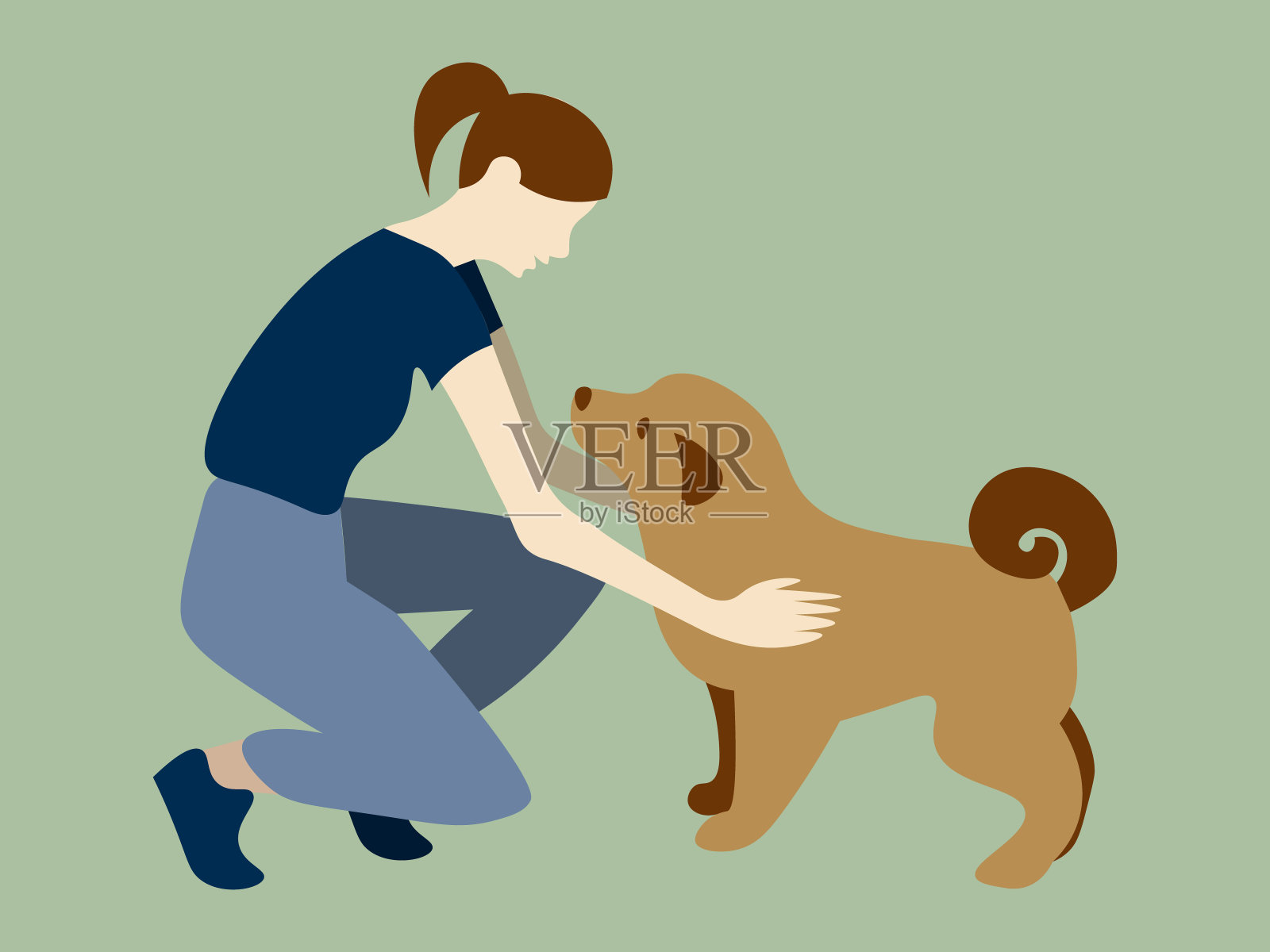 可爱的卡通插图的女人抚摸着一只狗设计元素图片
