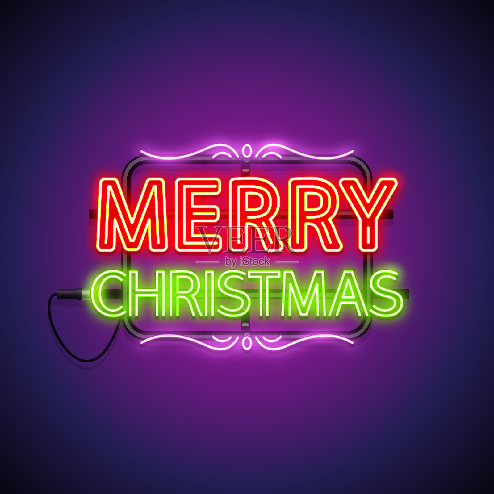 紫色霓虹灯上的圣诞快乐设计元素图片