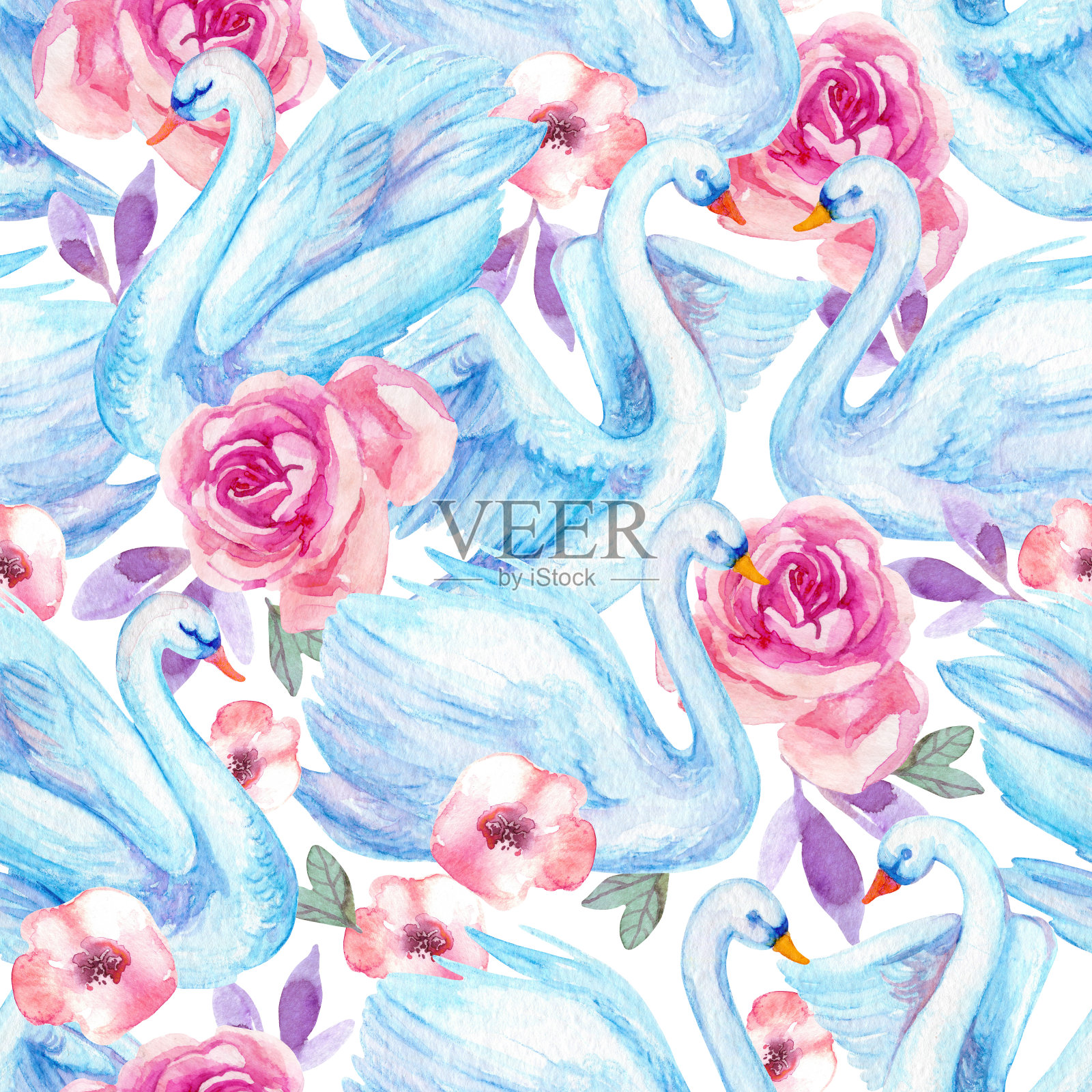 水彩可爱的天鹅湖，玫瑰花朵无缝图案插画图片素材