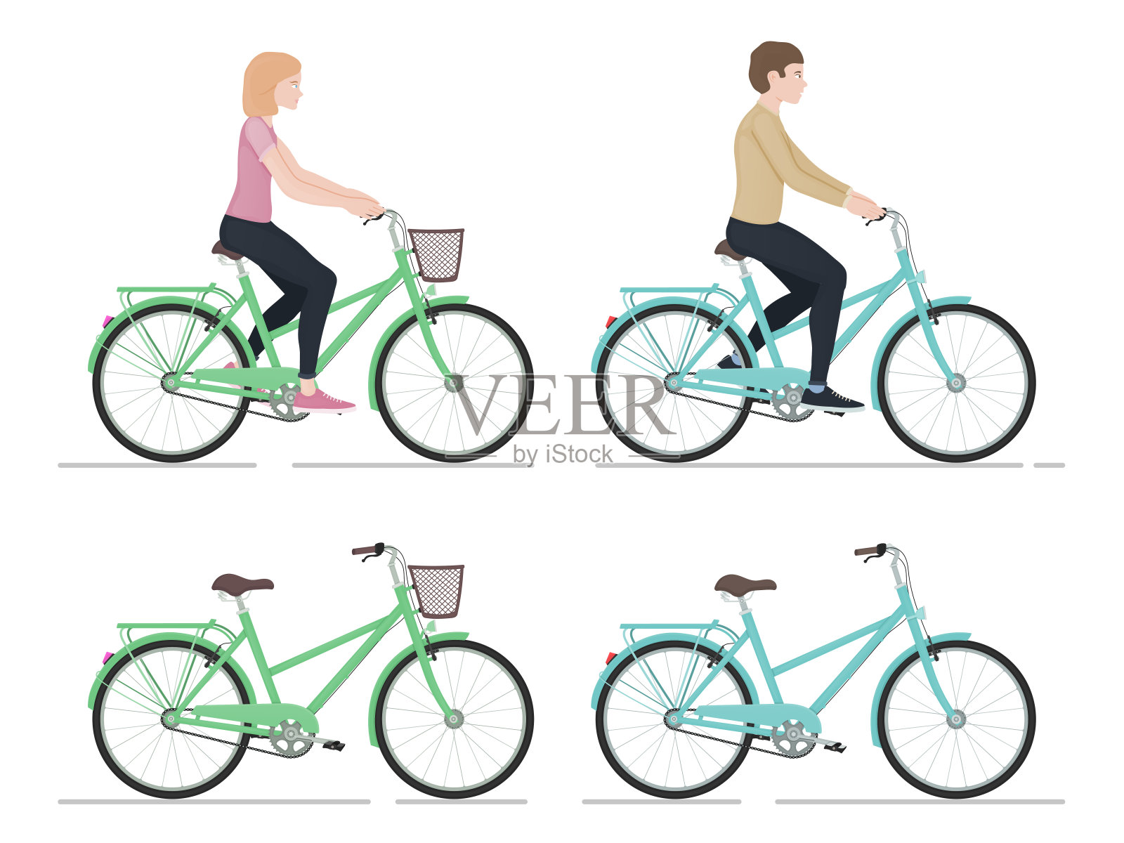 男孩和女孩骑自行车，人物和自行车在卡通风格，侧视图，积极的生活方式，运动的人，自行车矢量插图在白色的背景设计元素图片