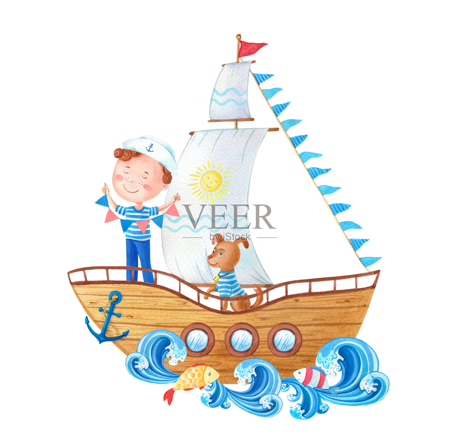 小水手带着旗帜和狗在木船上。一个穿着海军服的可爱卡通男孩。孤立的卡通插画图片素材