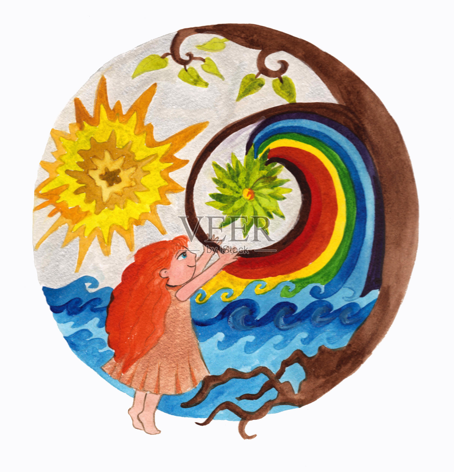 水彩小女孩与魔法树，彩虹，太阳和水插画图片素材
