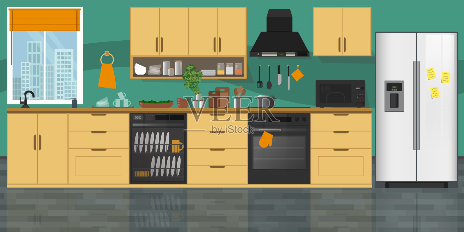 现代厨房内饰，配有家具。平面风格矢量插图。舒适的家居室内风格插画图片素材