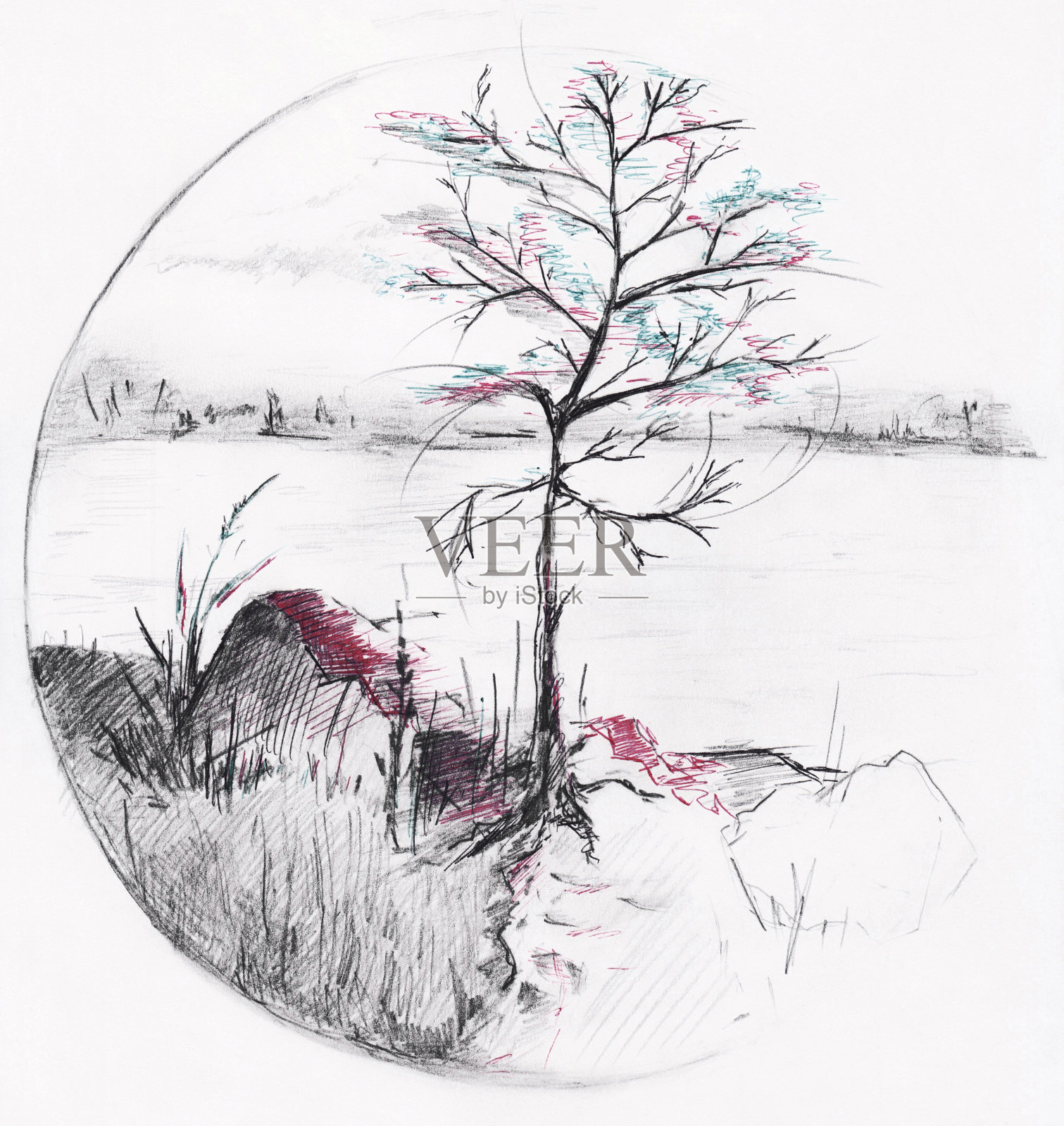 用铅笔和圆珠笔绘制的湖上树的手绘插图插画图片素材