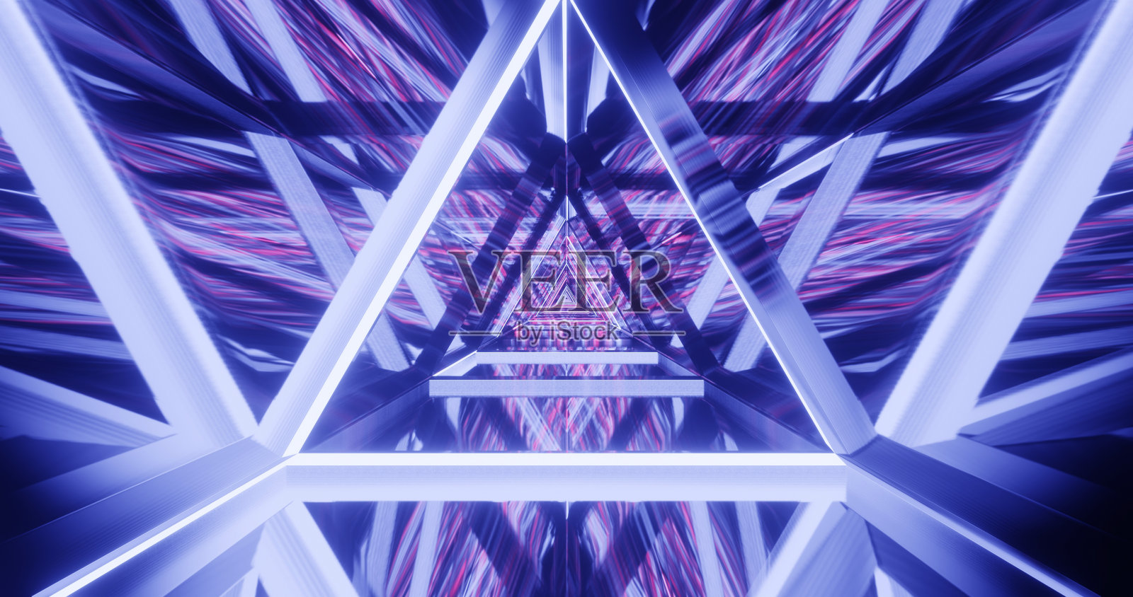 抽象时尚背景，蓝粉霓虹三角门户，发光线条，隧道，走廊，虚拟现实，三角金属拱门，三角。三维演示照片摄影图片