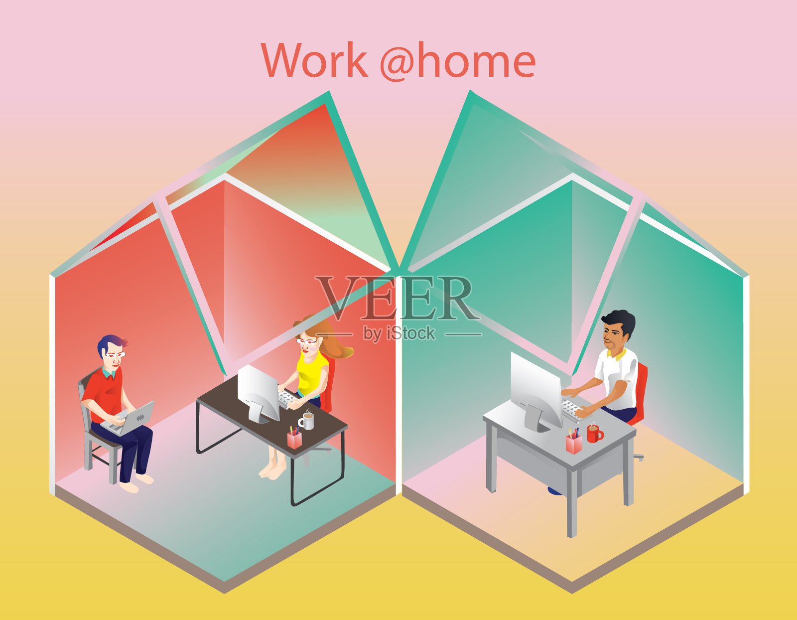 在家工作的概念，年轻人，男女自由职业者在家里用笔记本电脑工作。插画图片素材