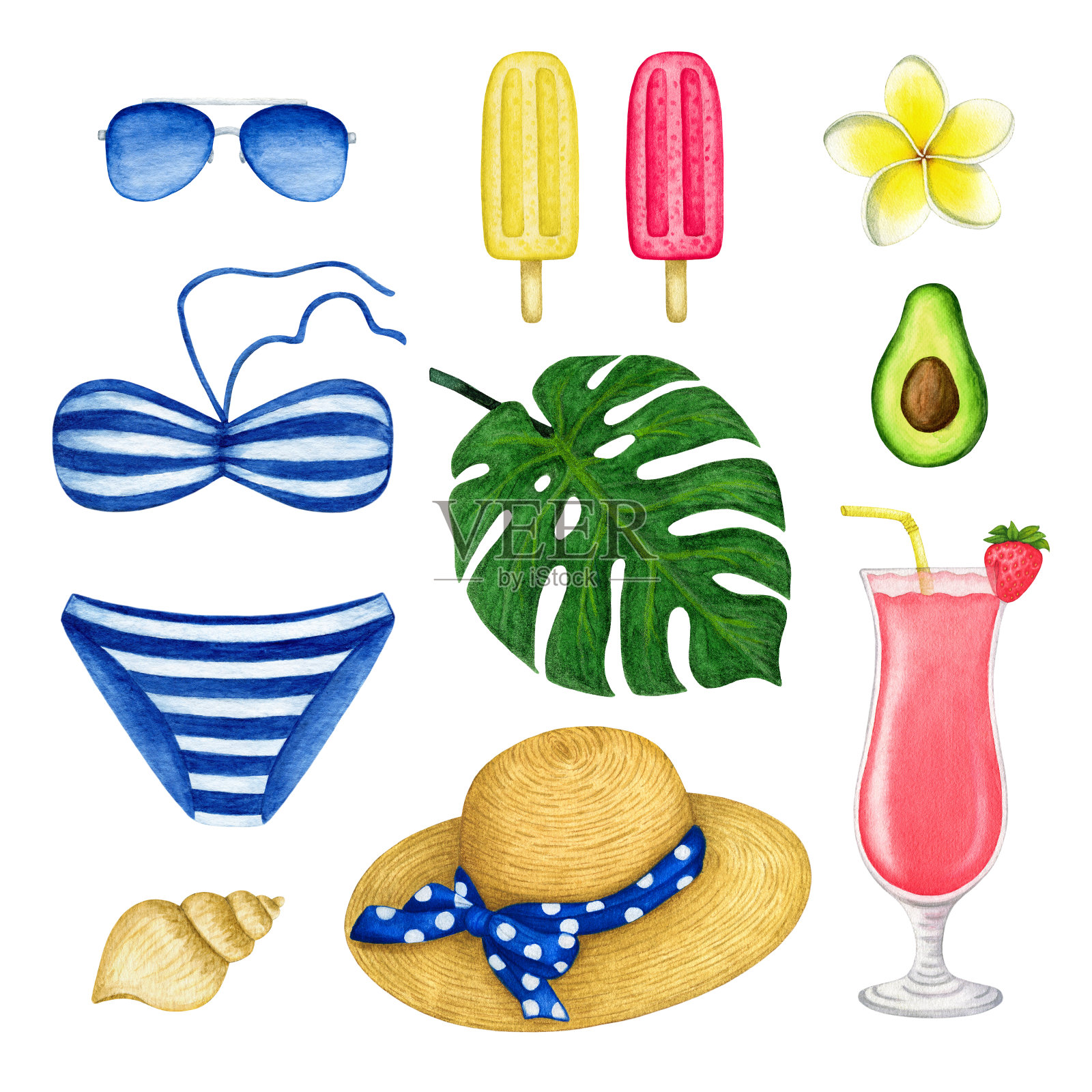 夏天的海。水彩热带海滩服饰和配件。手绘设计元素孤立的白色背景插画图片素材