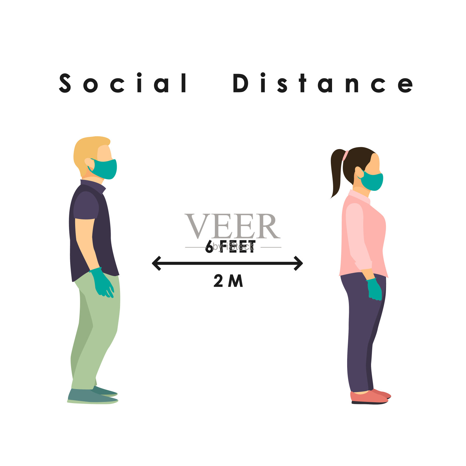 社会距离。全身病人戴医用口罩和手套，站在2米或6英尺的安全距离外。平面向量插图插画图片素材