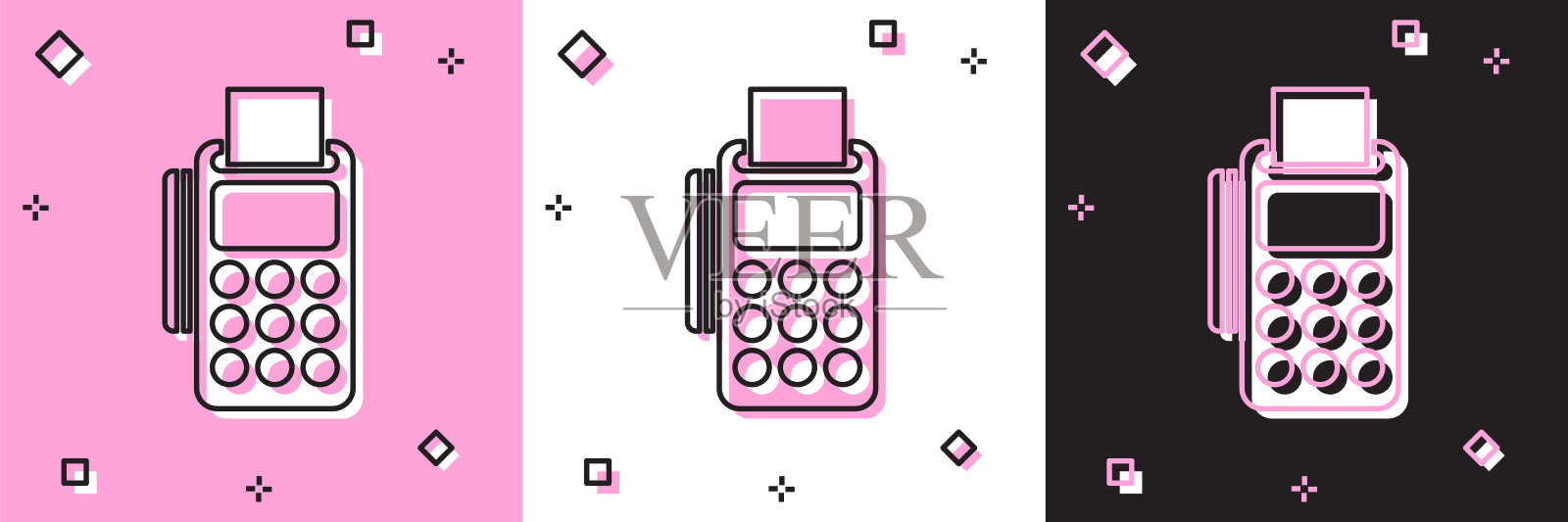 设置POS终端，插入信用卡和打印收据图标隔离在粉红色和白色，黑色背景。NFC支付的概念。矢量图插画图片素材