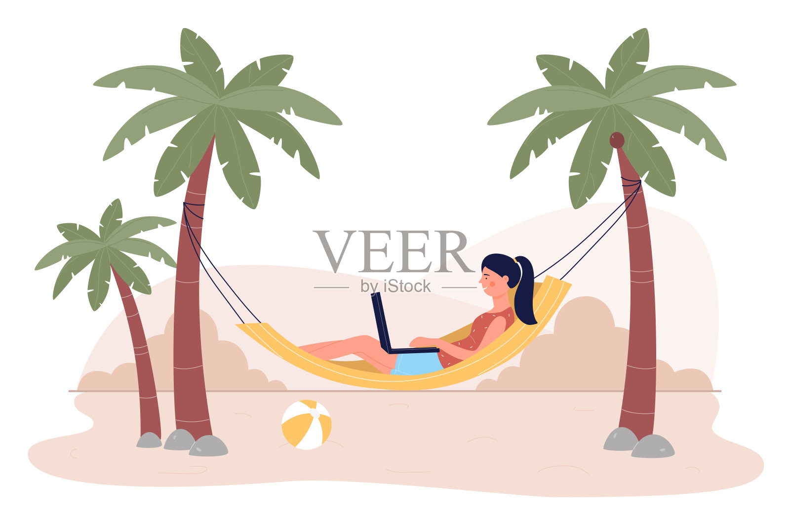年轻女子自由职业者在笔记本电脑上工作，躺在白色背景上孤立的热带岛屿海滩度假胜地的吊床上。慵懒女性格放松，假期休息设计元素图片