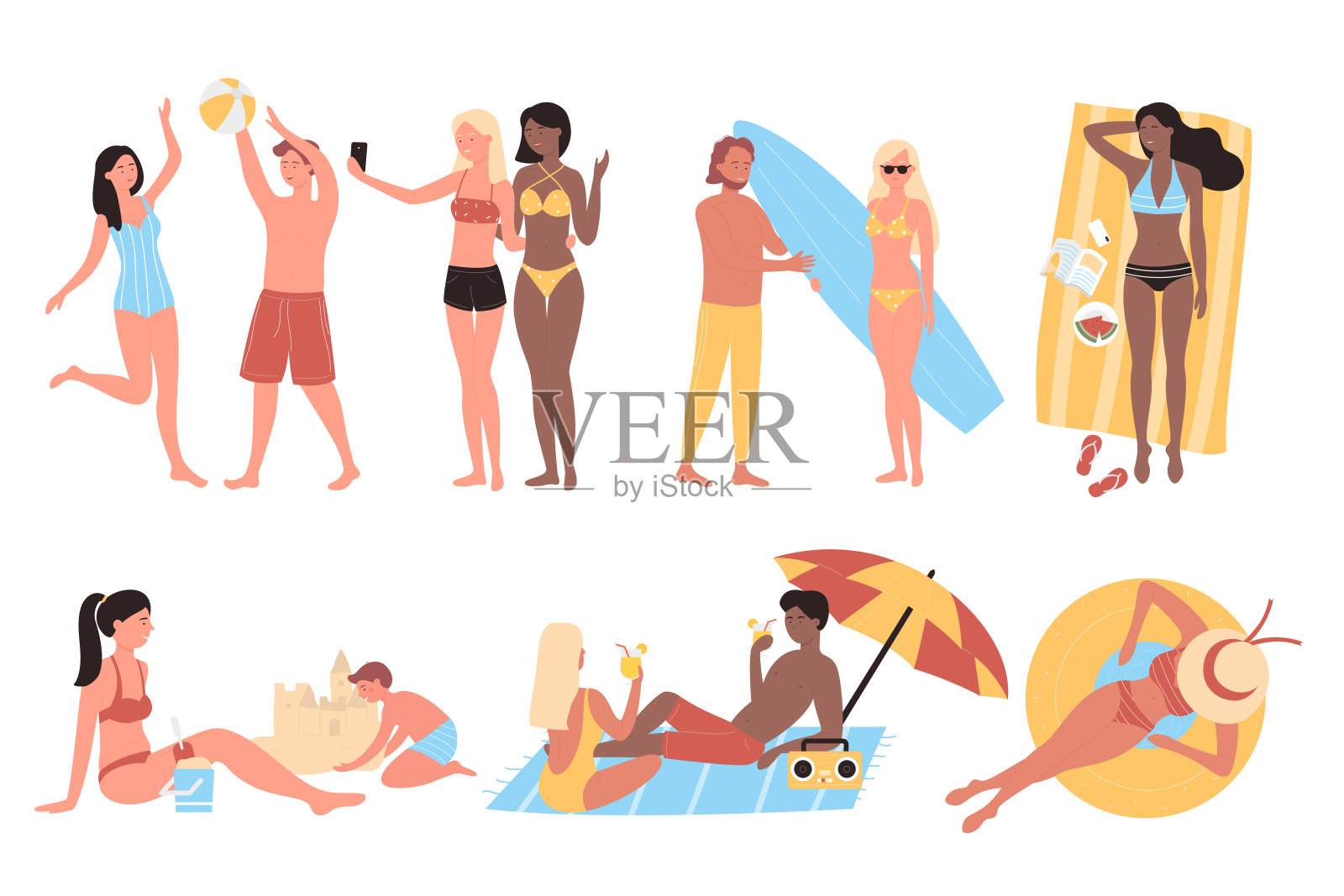 人们夫妇在沙滩上进行暑假户外活动，设置孤立的白色背景。男人和女人自拍，放松，日光浴和散步，携带冲浪板，玩耍插画图片素材