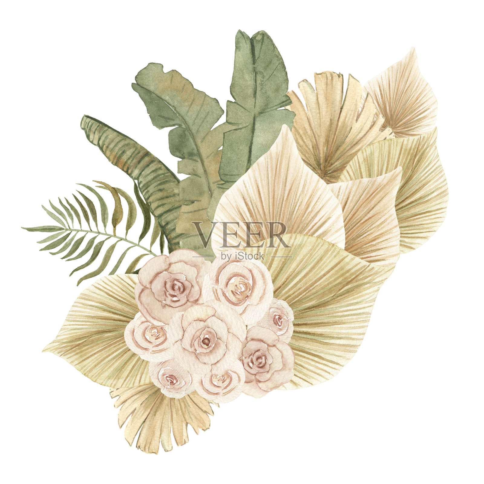波西米亚花束，干棕榈叶和花。为波西米亚婚礼，新娘淋浴设计插画图片素材