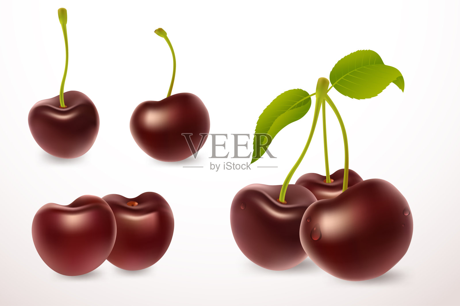 成熟的红樱桃浆果在3d现实风格。在白色背景上分离出绿叶的多汁樱桃。甜蜜的浆果。适用于果汁广告。矢量插图。设计元素图片