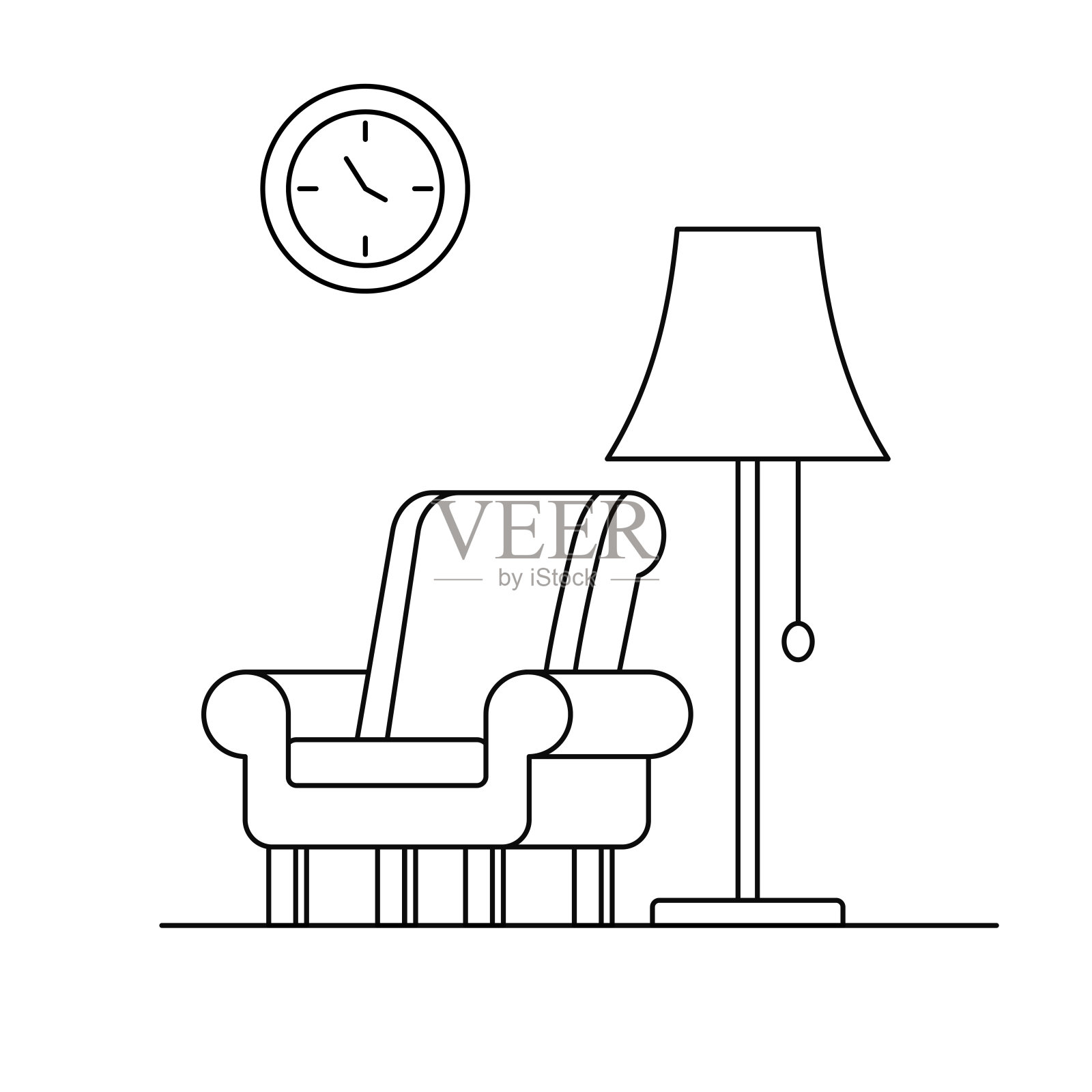 线性的室内场景与扶手椅，灯，挂钟隔离在白色的背景。插画图片素材