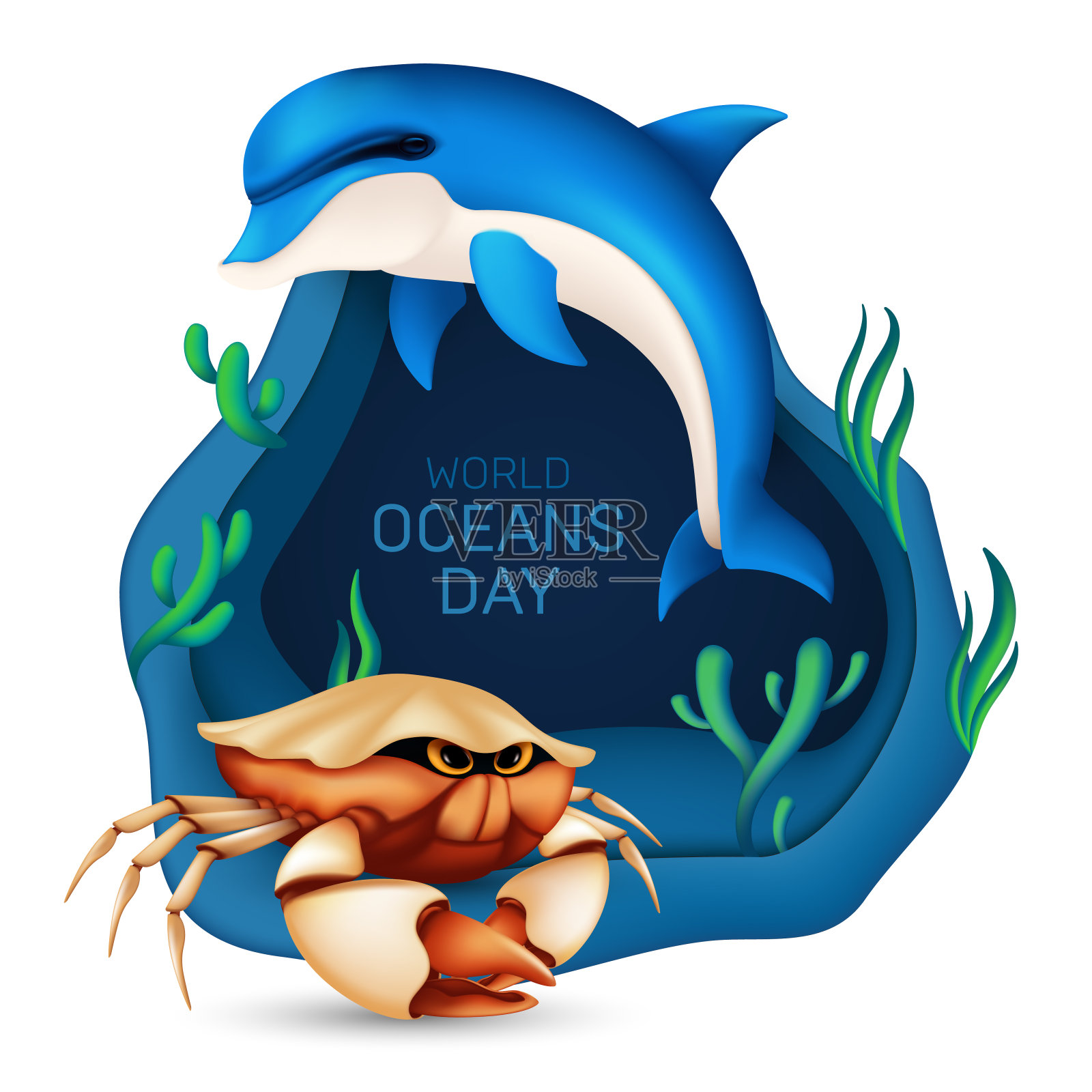 世界海洋日生态系统平面设计理念。矢量插图与现实的海豚，蟹，珊瑚和海藻在蓝色的背景与折纸波孤立在白色插画图片素材