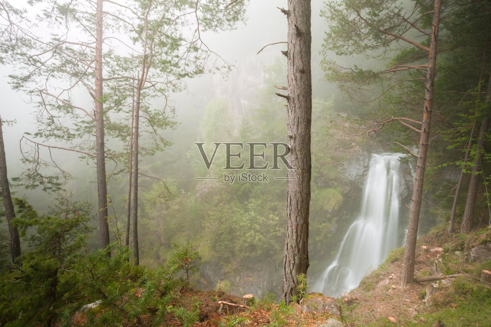 意大利迷雾森林中的瀑布照片摄影图片