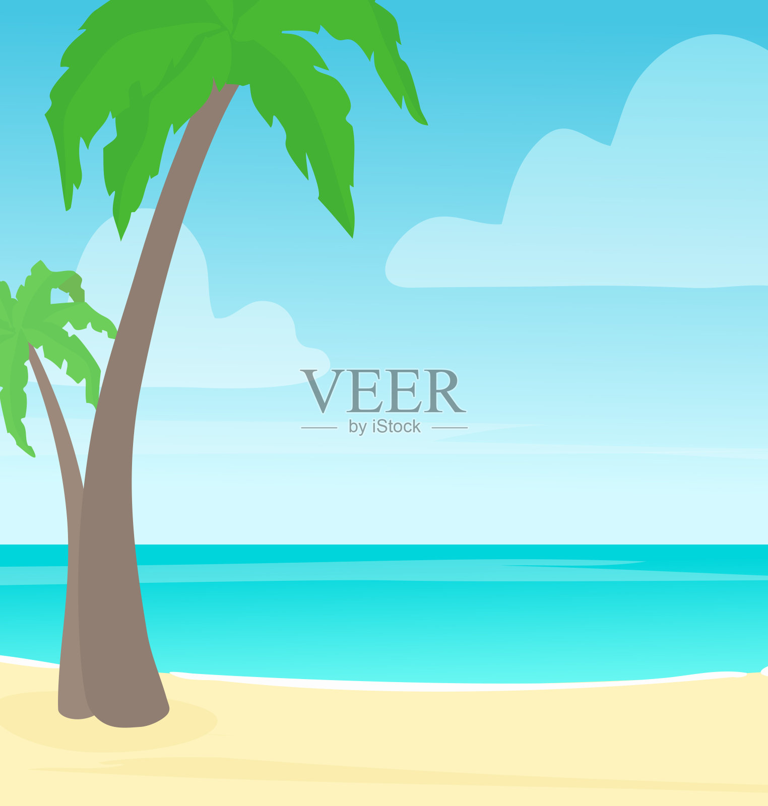 海边风景的看法。蔚蓝的大海，沙滩，晴朗的天空，棕榈树。热带度假的地方。阳光明媚的一天，海滩上一片宁静的景象。夏天的季节。插画图片素材