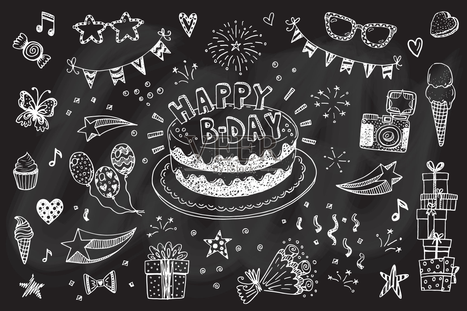 生日快乐手绘素描集涂鸦蛋糕，气球，烟花和派对属性插画图片素材