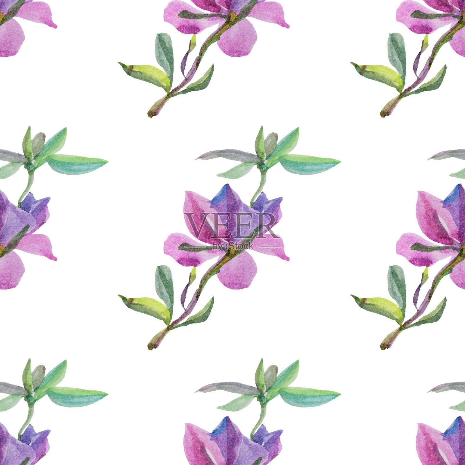 无缝图案水彩插图树枝与绿色的叶子和粉红色的花迷迭香丁香孤立在白色的背景艺术创作对象春天纺织包裹紫色的背景插画图片素材