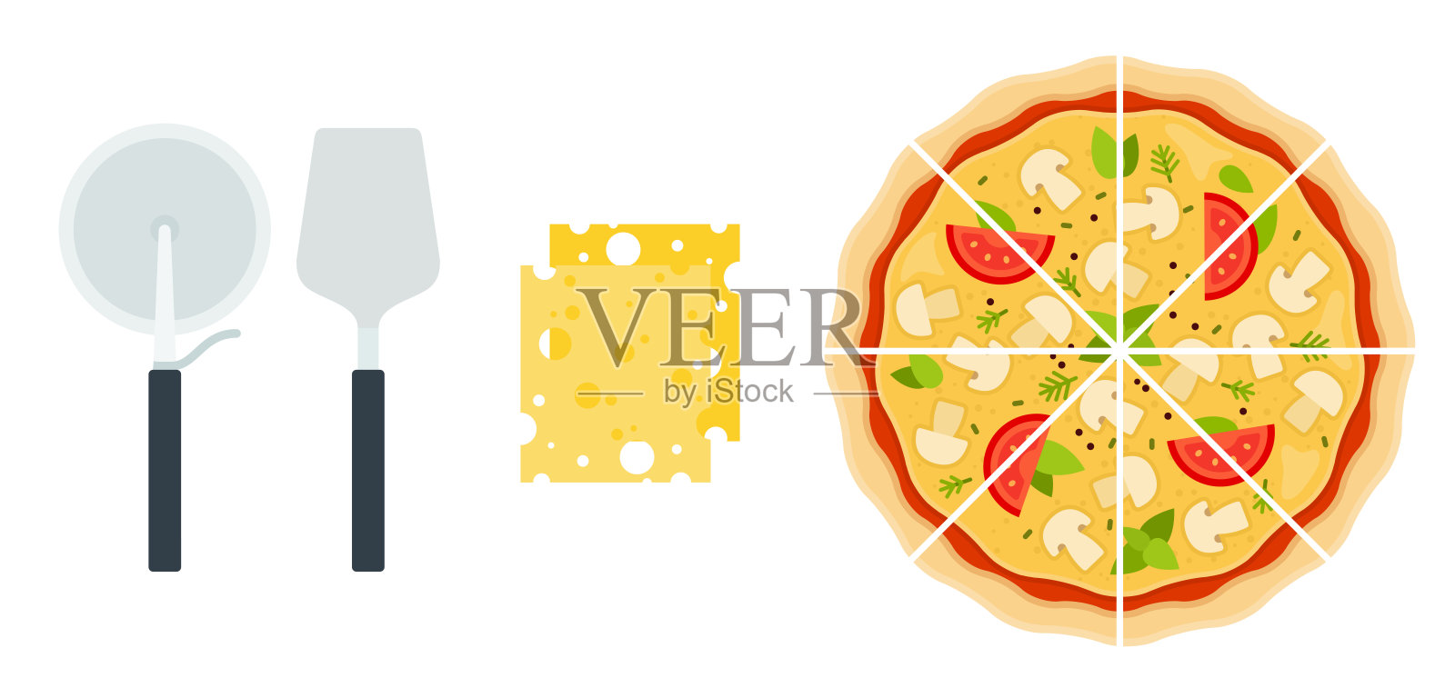 一套切片披萨与蘑菇，方形的奶酪片与刀和披萨铲在一排平坦的单一图标矢量白色设计元素图片