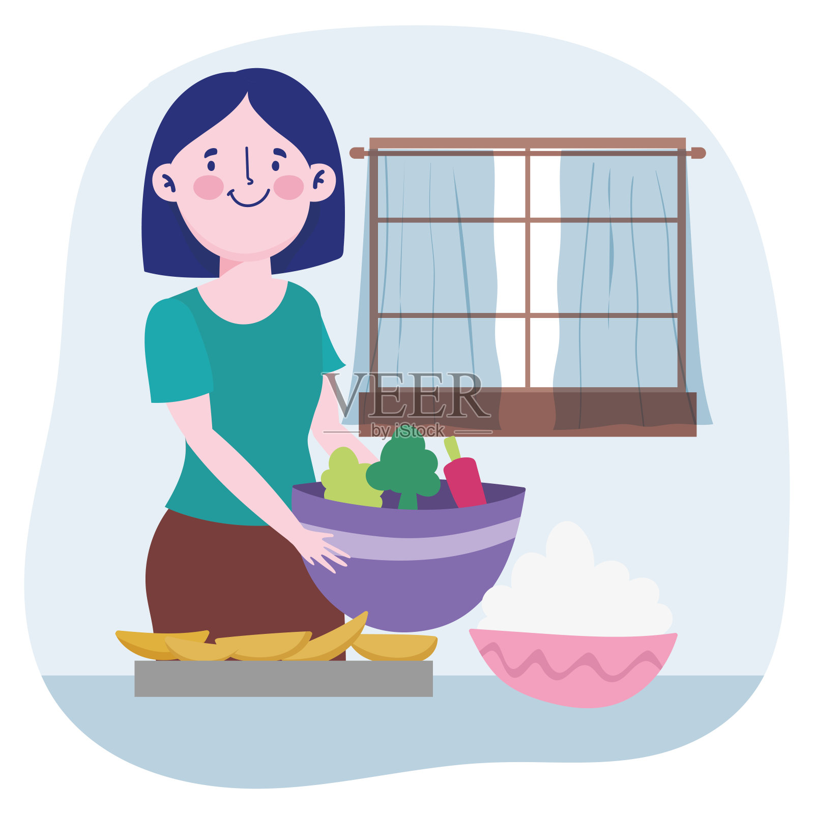 人们在做饭，女人用蔬菜碗和甜点奶油在桌子上设计元素图片